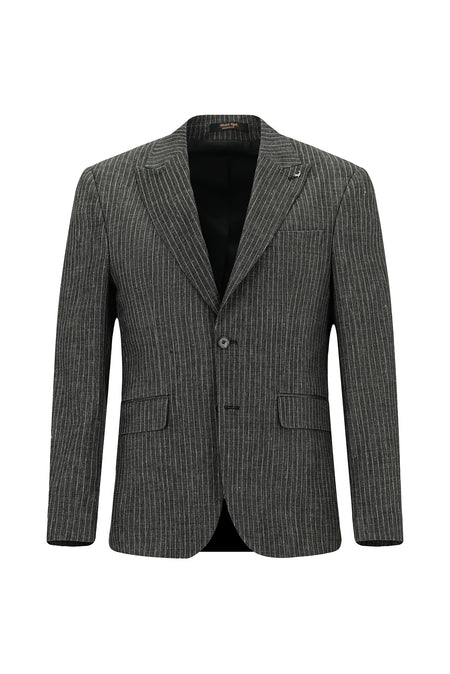 Siyah Slim Fit Dar Kesim Klasik Çizgili Keten Karışımlı Ceket