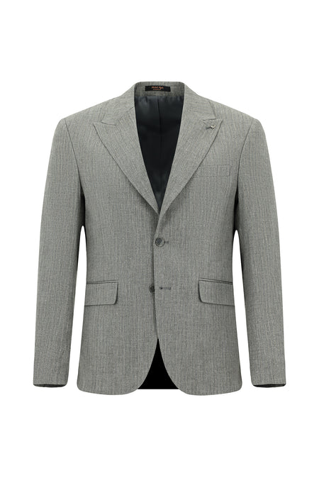 Orta Füme Slim Fit Dar Kesim Klasik Çizgili Keten Karışımlı Ceket