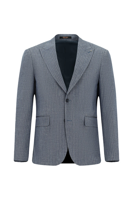 Koyu Mavi Slim Fit Dar Kesim Klasik Çizgili Keten Karışımlı Ceket