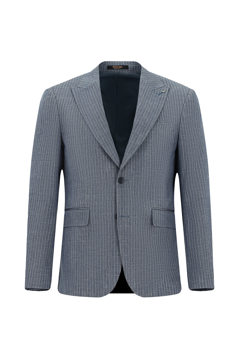Koyu Mavi  Slim Fit Dar Kesim Klasik Çizgili Keten Karışımlı Ceket