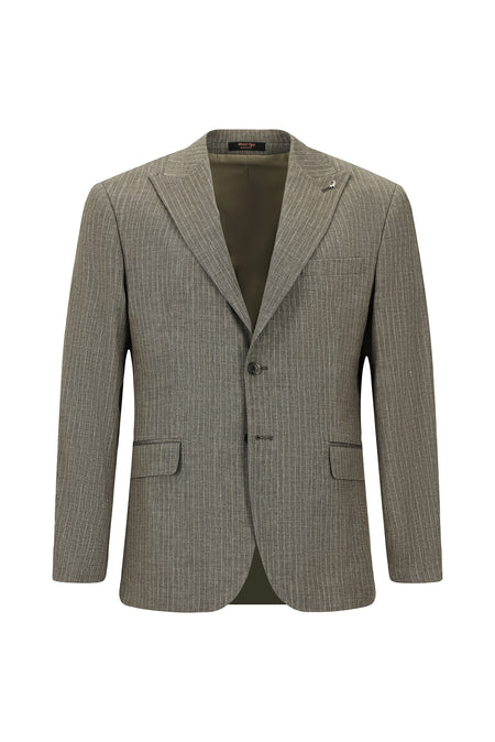 Açık Kahve Slim Fit Dar Kesim Klasik Çizgili Keten Karışımlı Ceket