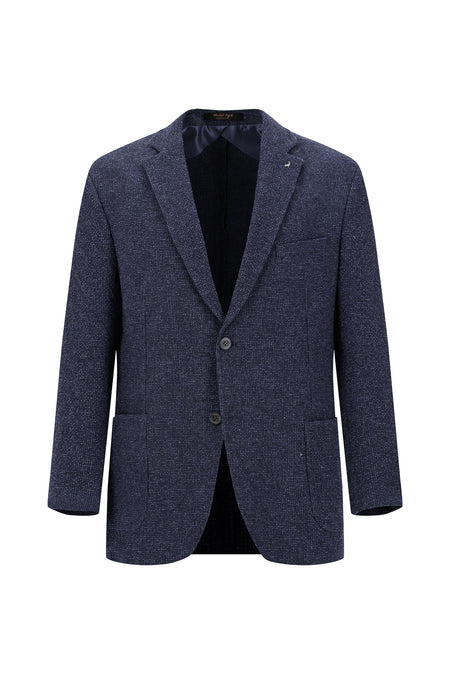 Koyu Lacivert Relaxed Fit Rahat Kesim Desenli Gofre Ketenli Ceket