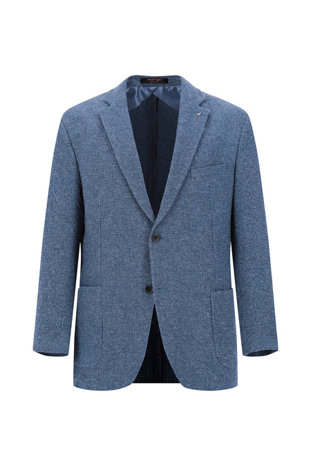 Koyu Mavi Relaxed Fit Rahat Kesim Desenli Ketenli Gofre Ceket