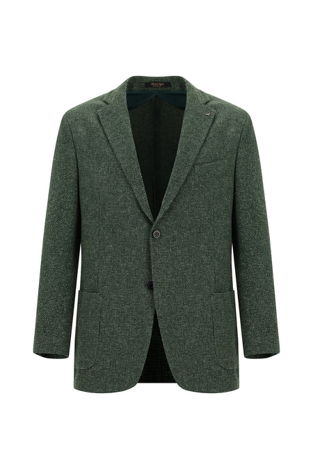 Koyu Yeşil Relaxed Fit Rahat Kesim Desenli Gofre Ketenli Ceket