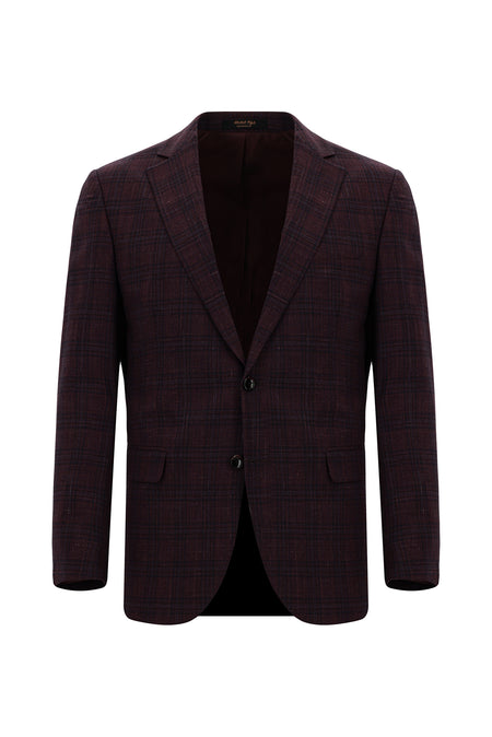Koyu Bordo Regular Fit İtalyan Yün/Keten/İpek Düz Ceket