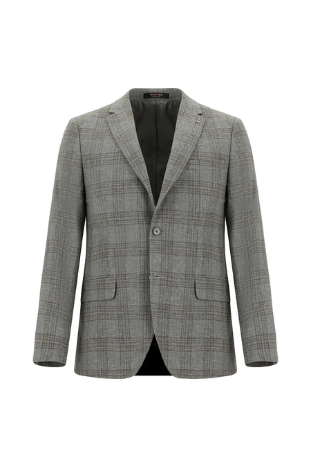 Orta Füme Super Slim Fit Ekstra Dar Kesim Yünlü Keten Karışımlı Ekose Ceket