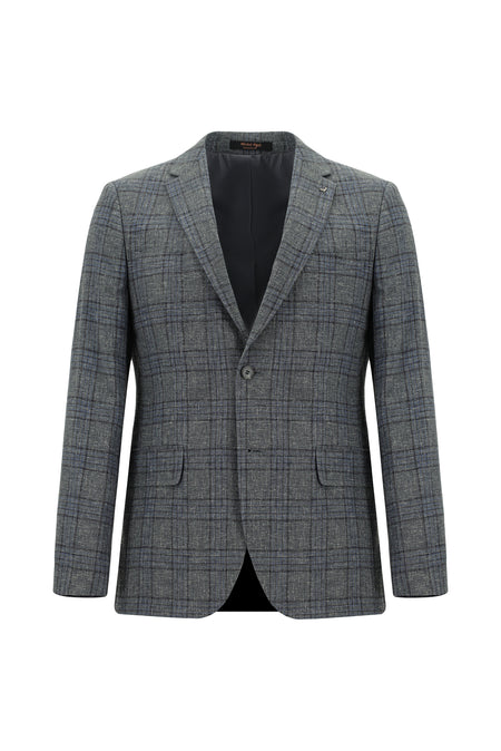 Koyu Füme Super Slim Fit Ekstra Dar Kesim Yünlü Keten Karışımlı Ekose Ceket