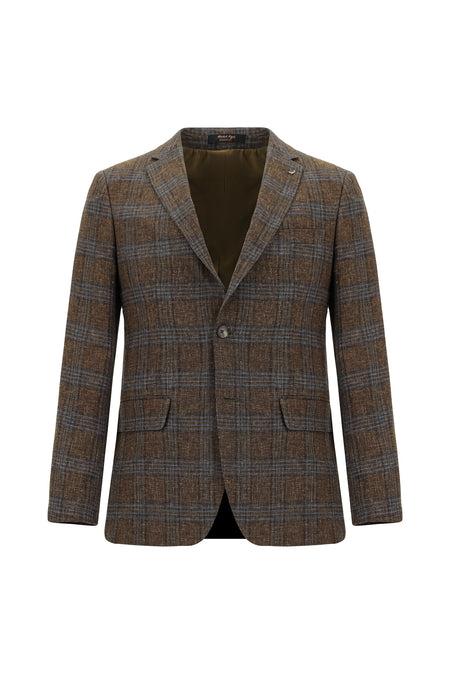 Orta Kahve Super Slim Fit Ekstra Dar Kesim Yünlü Keten Karışımlı Ekose Ceket