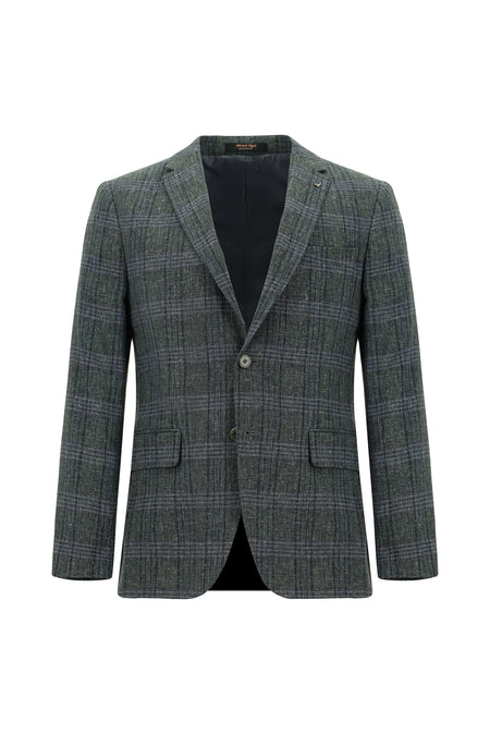 Koyu Yeşil Super Slim Fit Ekstra Dar Kesim Yünlü Keten Karışımlı Ekose Ceket
