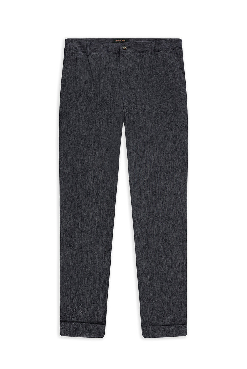 Koyu Lacivert Regular Fit Desenli Keten Karışımlı Desenli Pileli Klasik Kumaş Pantolon