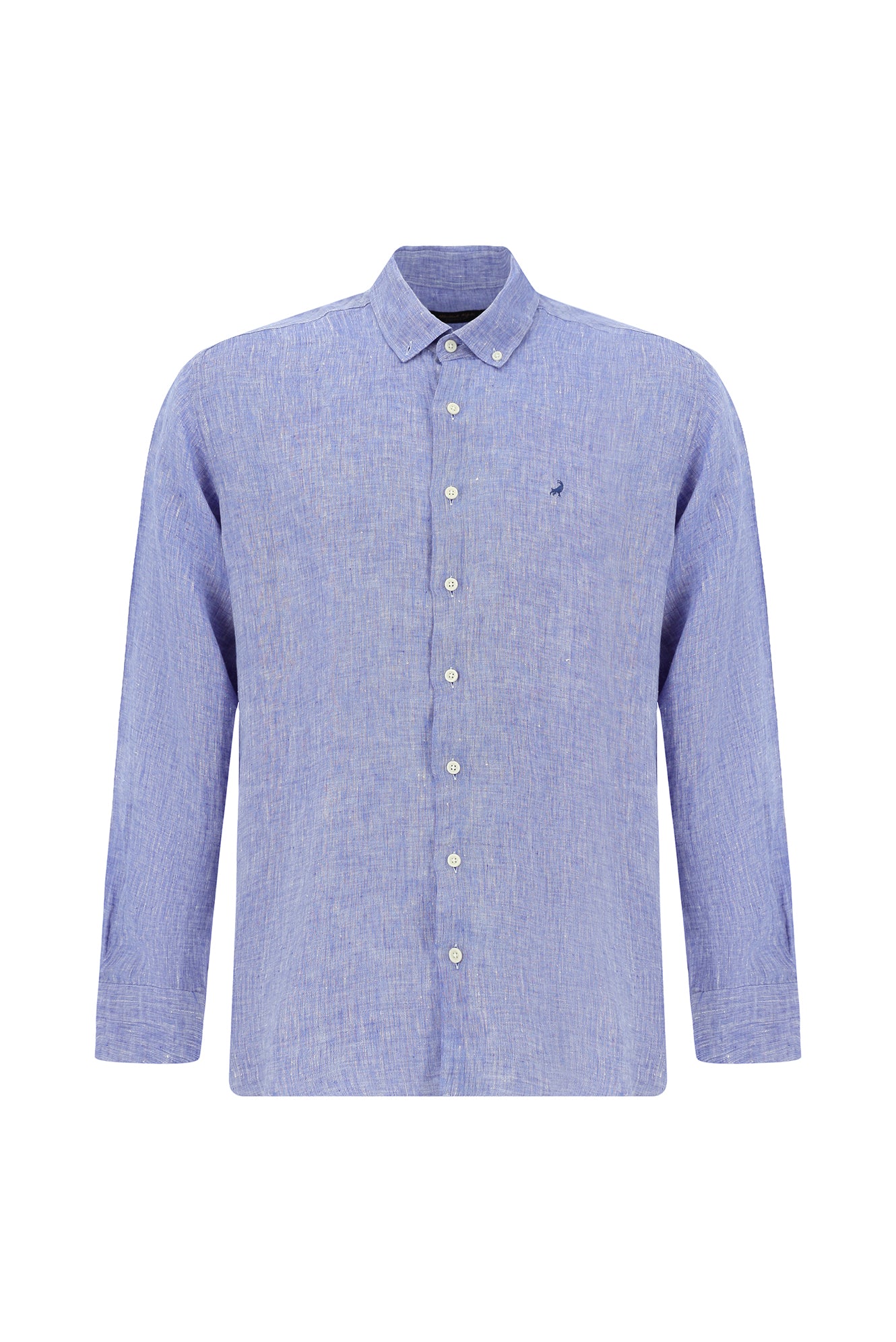 Mavi Uzun Kol Regular Fit Düğmeli Yaka Keten Gömlek