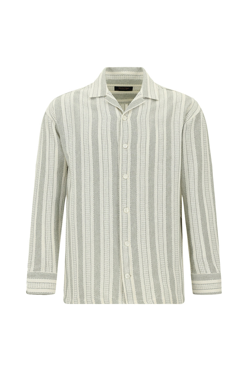 Açık Gri Uzun Kol Oversize Çizgili Spor Pamuklu Kolay Ütülenebilir Gömlek