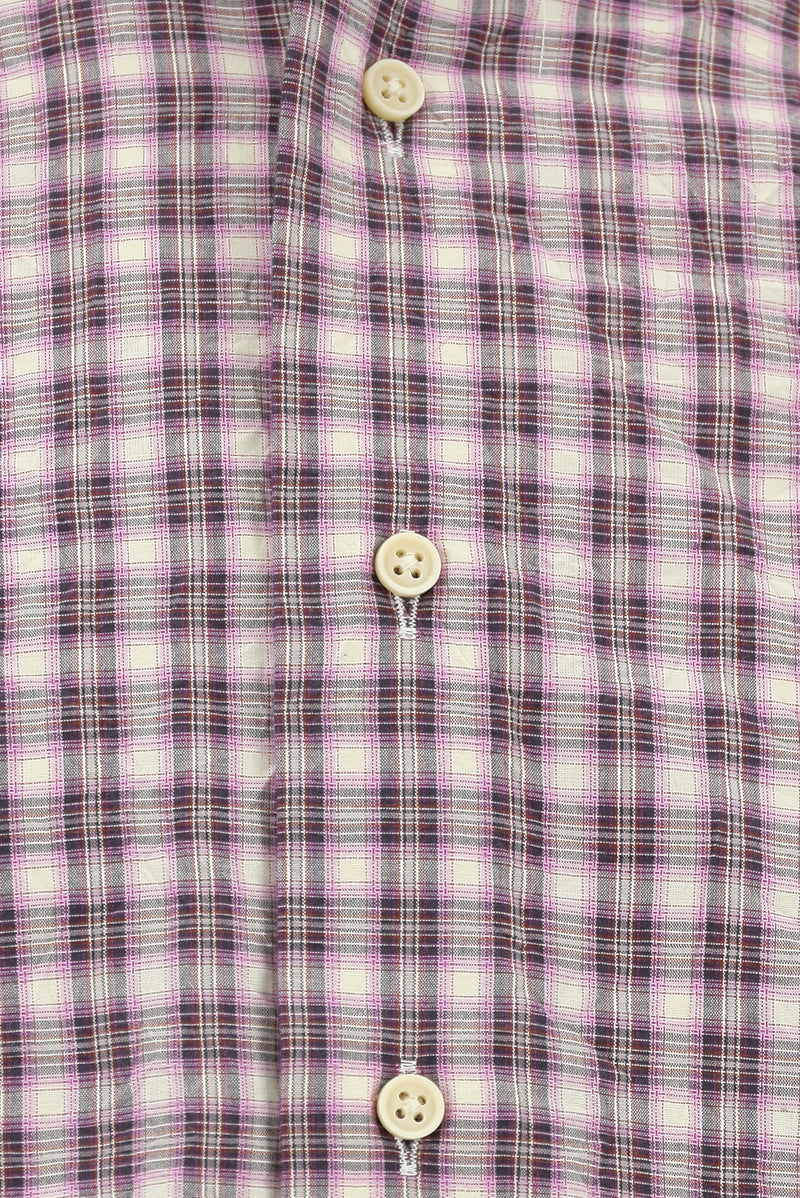 Pembe Uzun Kol Slim Fit Dar Kesim Düğmeli Yaka Pamuk Ekose Gömlek