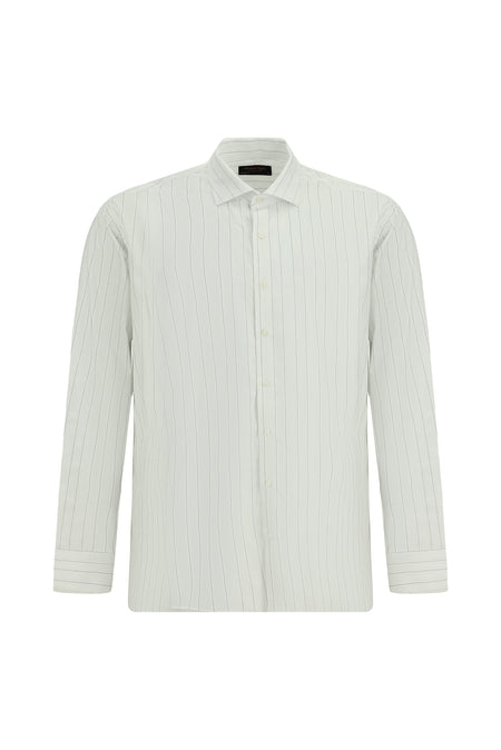 Orta Lacivert Uzun Kol Klasik Çizgili Pamuk Gömlek