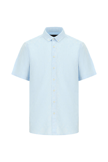 Açık Mavi Kısa Kol Regular Fit Desenli Keten Gömlek