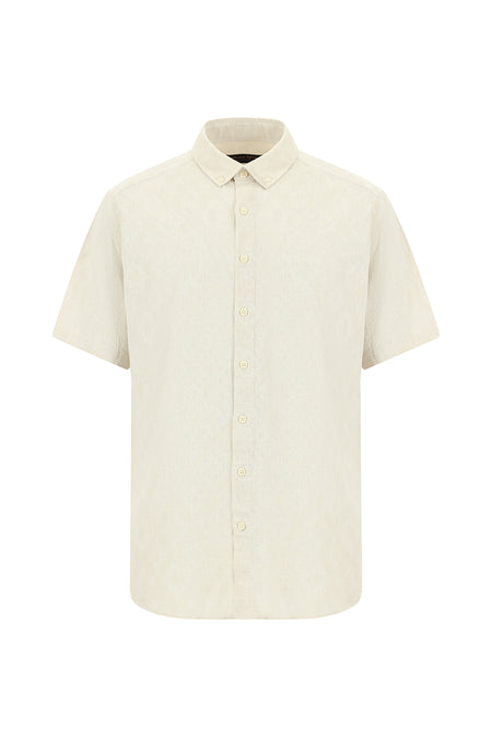 Açık Bej Kısa Kol Regular Fit Desenli Keten Gömlek