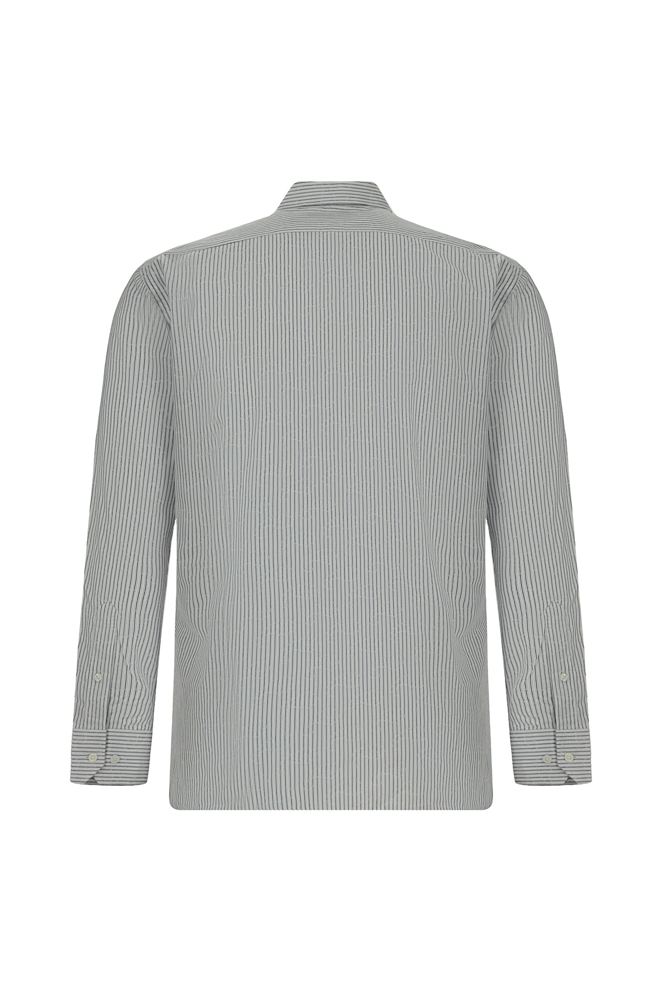 Orta Lacivert Uzun Kol Slim Fit Dar Kesim Klasik Çizgili Pamuk Gömlek