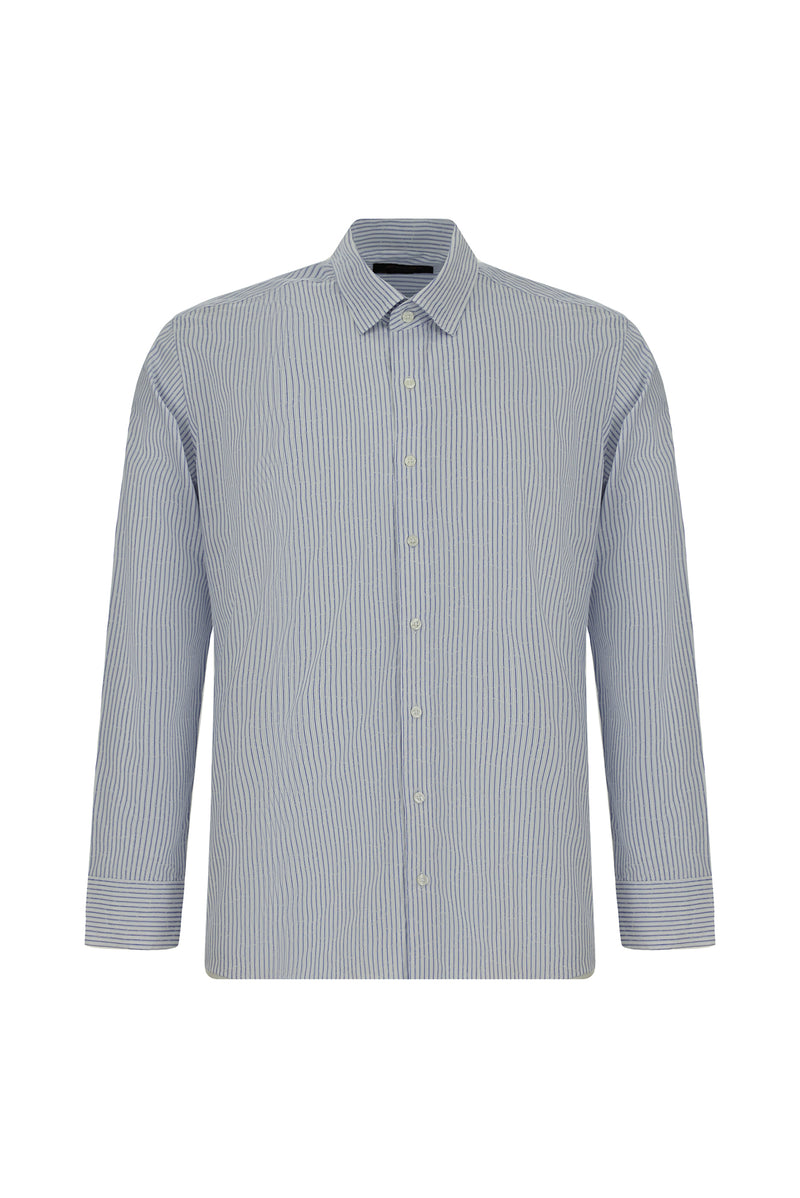 Mavi Uzun Kol Slim Fit Dar Kesim Klasik Çizgili Pamuk Gömlek