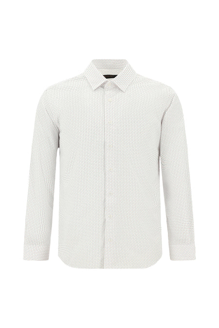 Beyaz Uzun Kol Slim Fit Dar Kesim Kolay Ütülenebilir Pamuklu Baskılı Gömlek