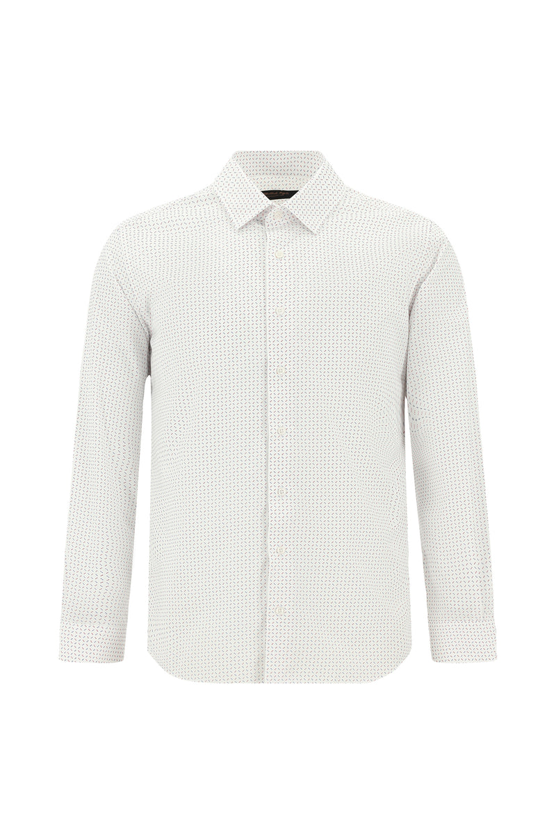 Beyaz Uzun Kol Slim Fit Dar Kesim Kolay Ütülenebilir Pamuklu Baskılı Gömlek