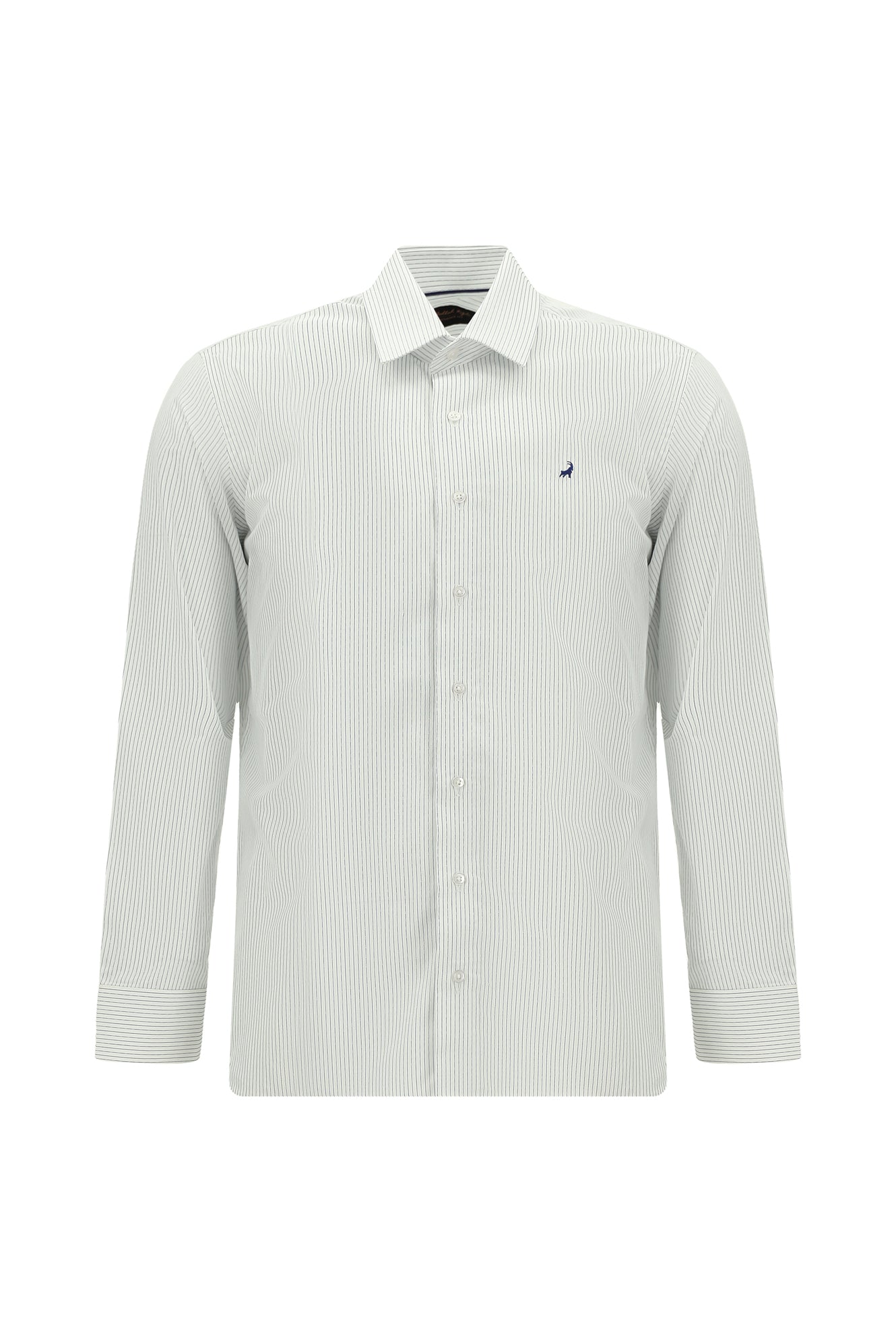 Orta Lacivert Uzun Kol Slim Fit Dar Kesim Klasik Çizgili Pamuk Gömlek