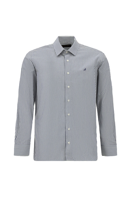 Koyu Lacivert Uzun Kol Slim Fit Dar Kesim Klasik Çizgili Pamuk Gömlek