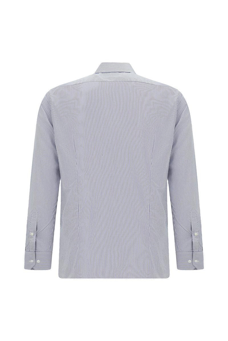 Koyu Lacivert Uzun Kol Slim Fit Dar Kesim Klasik Çizgili Lyocell Gömlek