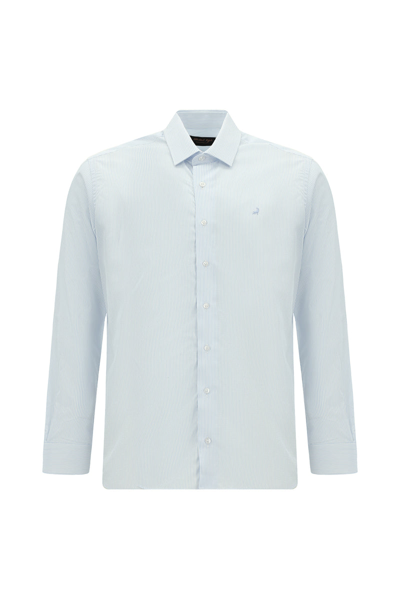 Uçuk Mavi Uzun Kol Slim Fit Dar Kesim Klasik Çizgili Lyocell Gömlek