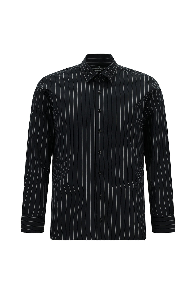 Siyah Flex Suit Uzun Kol Slim Fit Dar Kesim Pamuklu Çizgili Gömlek