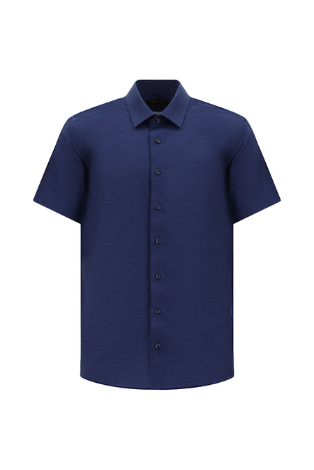 Orta Lacivert Kısa Kol Slim Fit Dar Kesim Desenli Pamuk Gömlek