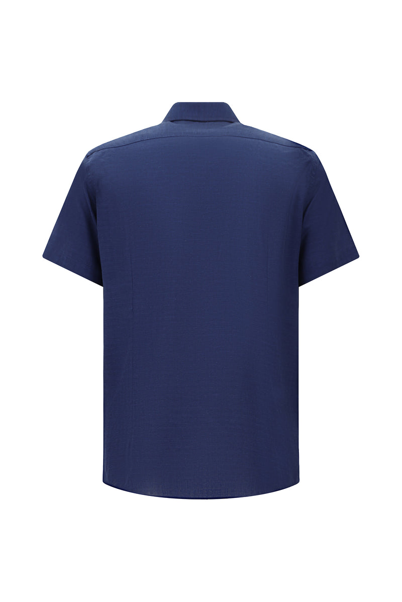 Orta Lacivert Kısa Kol Slim Fit Dar Kesim Desenli Pamuk Gömlek