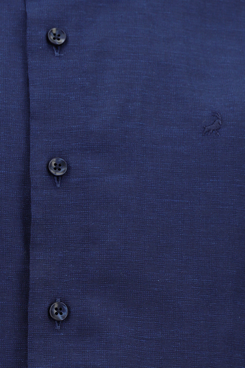 Orta Lacivert Kısa Kol Slim Fit Dar Kesim Desenli Pamuk Gömlek