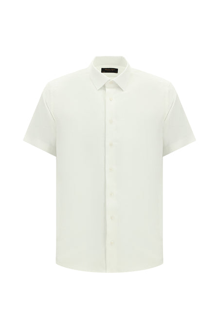 Beyaz Kısa Kol Slim Fit Dar Kesim Desenli Pamuk Gömlek
