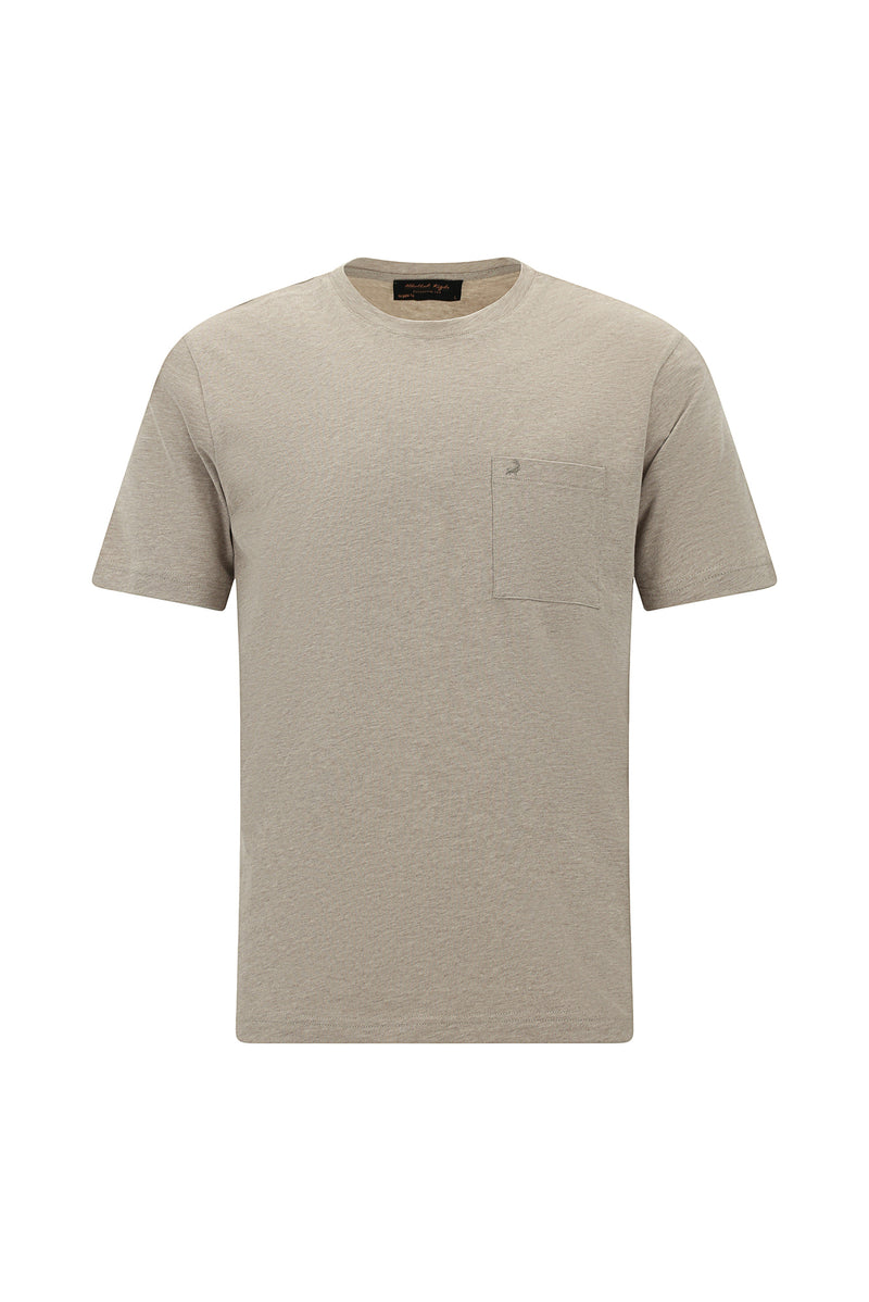 Orta Bej Bisiklet Yaka Regular Fit Nakışlı Pamuk T-shirt