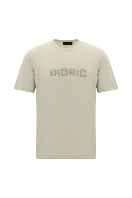 Açık Bej Bisiklet Yaka Oversize Baskılı T-shirt