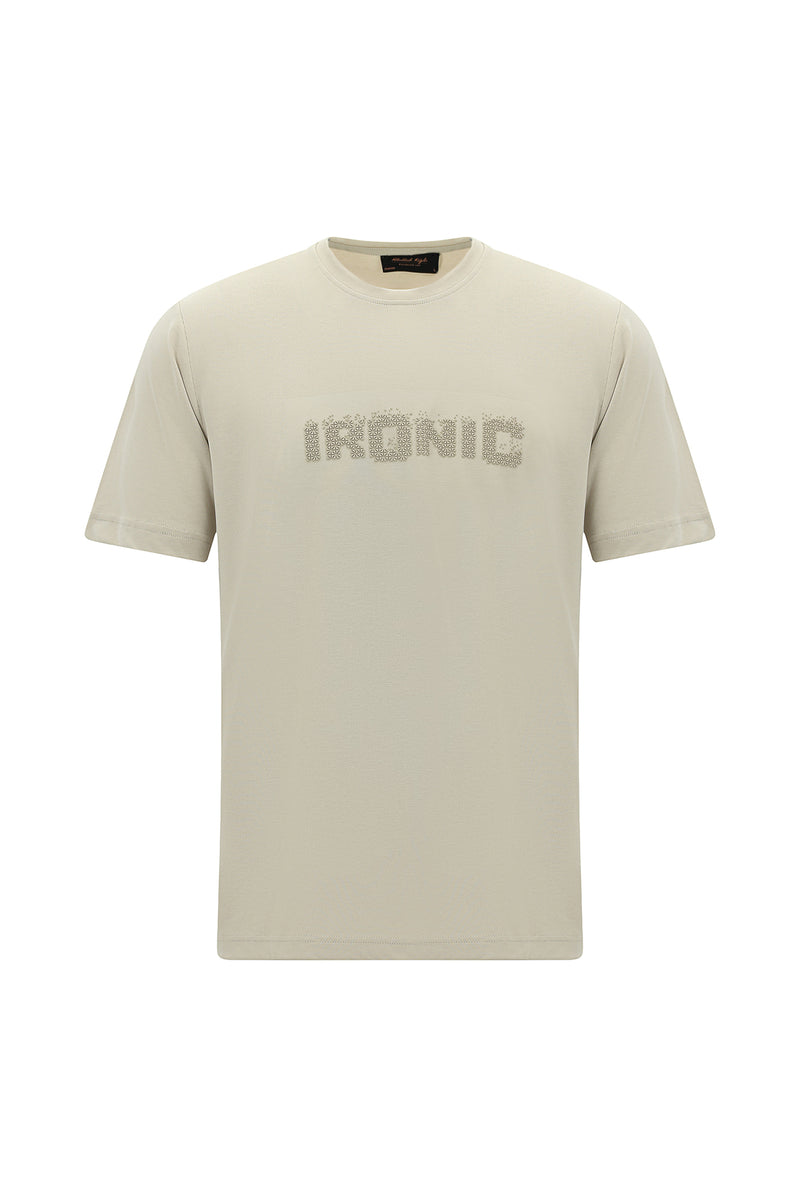 Açık Bej Bisiklet Yaka Oversize Baskılı T-shirt