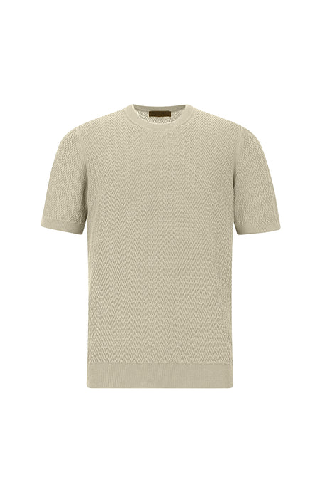 Orta Bej Bisiklet Yaka Regular Fit Desenli Pamuk İtalyan Triko T-shirt