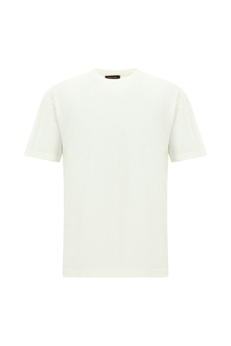 Kırık Beyaz Bisiklet Yaka Oversize Desenli Pamuk T-shirt