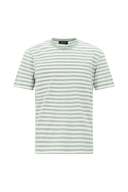 Açık Bej Bisiklet Yaka Regular Fit Pamuk Nakışlı Çizgili T-shirt
