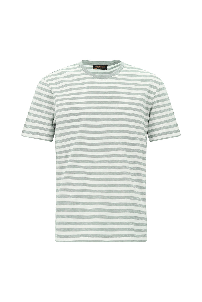 Açık Bej Bisiklet Yaka Regular Fit Pamuk Nakışlı Çizgili T-shirt