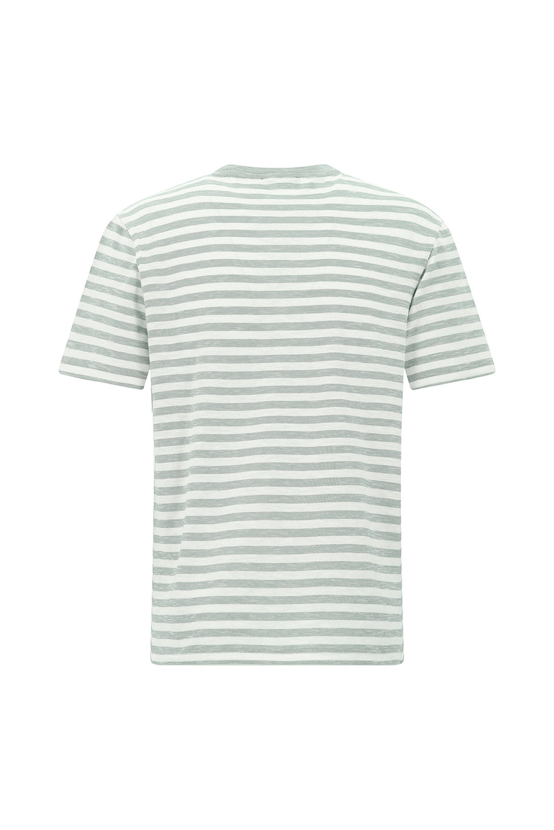 Açık Bej Bisiklet Yaka Regular Fit Pamuk Nakışlı Çizgili T-shirt