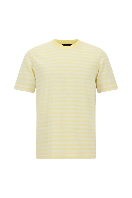 Açık Sarı Bisiklet Yaka Regular Fit Pamuk Nakışlı Çizgili T-shirt