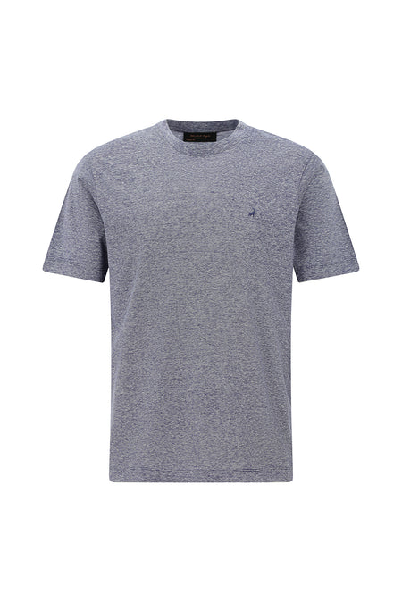 Açık Lacivert Bisiklet Yaka Regular Fit Nakışlı Pamuklu Keten Çizgili T-shirt