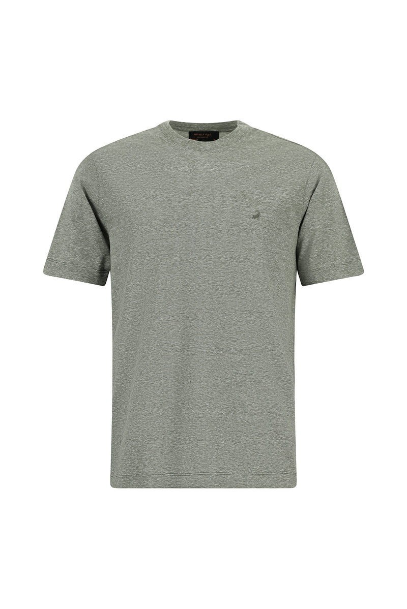 Açık Haki Bisiklet Yaka Regular Fit Nakışlı Pamuklu Keten Çizgili T-shirt