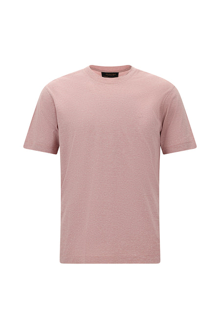 Toz Pembe Bisiklet Yaka Regular Fit Nakışlı Pamuklu Keten Çizgili T-shirt