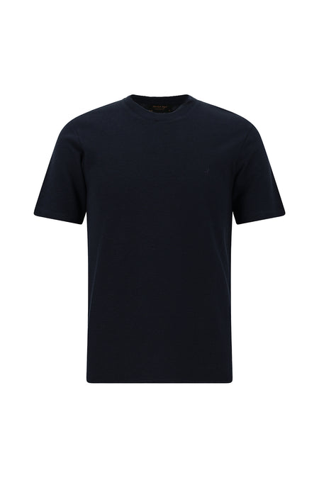Koyu Lacivert Bisiklet Yaka Slim Fit Dar Kesim Nakışlı Pamuklu Lyocell T-shirt
