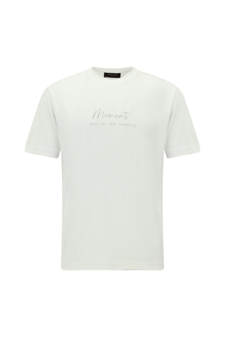 Kırık Beyaz Bisiklet Yaka Slim Fit Dar Kesim Baskılı T-shirt