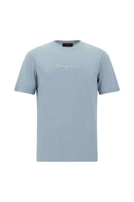 Havacı Mavi Bisiklet Yaka Slim Fit Dar Kesim Nakışlı T-shirt