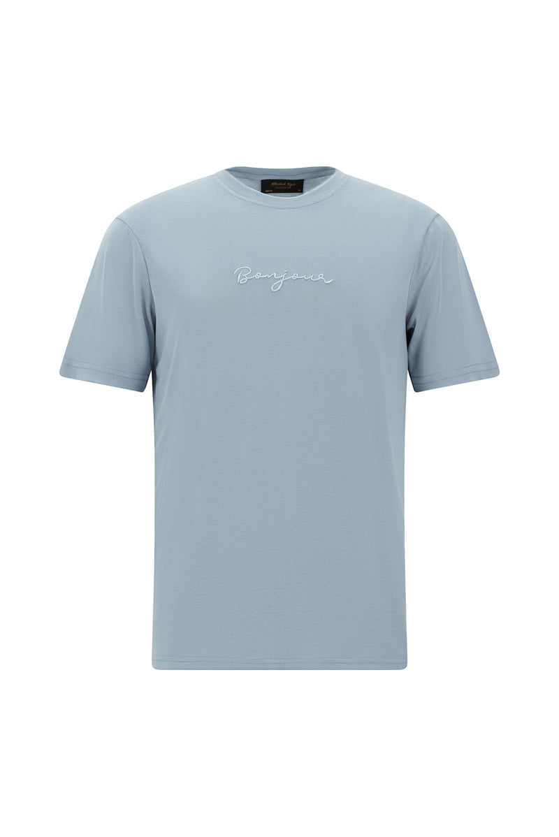 Havacı Mavi Bisiklet Yaka Slim Fit Dar Kesim Nakışlı T-shirt
