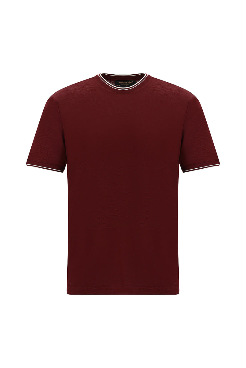 Koyu Bordo Bisiklet Yaka Slim Fit Dar Kesim Desenli Merserize Pamuk T-shirt